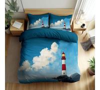 Duvet Cover Set King Size 220x230cm Cartoon Seaside Lighthouse Children Polycotton Bedding Print Bed Set Easy Care Soft Quilt Cover Duvet Cover with Pillowcase