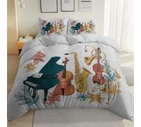 Duvet Cover Set King Size Vintage Watercolor Musical Instruments Printed, Reversible Quilt Cover Easy Care Bed Linen Soft Cosy Bedding Sets for Boys Girls with 2 Pillowcases, White, 220 x 230 cm