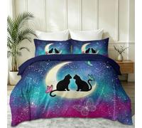 Duvet Cover Set King, Soft Brushed Microfiber Bedding with Zipper Closure & Corner Ties, Reversible Fantasy Bohemian Cat Moon Butterfly Star Printed Quilt Cover, 230 x 220 cm Blue
