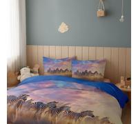 Duvet Cover Set Light Blue 3-Piece Double 200 x 200 cm Grassland Zebra SkyMicrofibre Beddingwith Zippers and 2 PillowcasesNon Iron Bedding Hotel Quality Quilt Cover