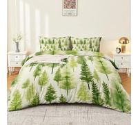Duvet Cover Set Light Green, Botanical Watercolor Pine Trees Reversible Printed Bedding Set with 2 Pillowcases(50 x 75 cm) - King Microfiber Duvet Cover with Zipper Closure for Kids Teens Adults
