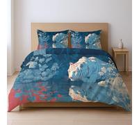 Duvet Cover Set, Microfiber Printed Bedding Set. Blue, Cartoon watercolor jungle white tiger for Boys Girls Adults Easy Care Covers with Pillowcase 260 x 220 cm （Pillowcase: 50 x 75 ）.