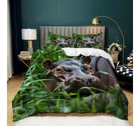 Duvet Cover Set Nature Animal Hippo Green Plant Theme Soft Microfiber Lightweight Bedding Set King Size Quilt Cover 230 x 220 cm with Zipper Closure and 2 Pillowcases 50x75cm