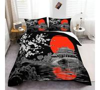 Duvet Cover Set Oriental Architecture Sun Black Red, Soft Microfiber Duvet Cover with Zipper Closure Easy Care, Stylish Print Bedding Sets With 2 Pillowcases for Home Decor, Single 53" x 79"
