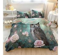 Duvet Cover Set Print Double 200 x 200 cm, Premium Brushed Microfiber Cosy Bedding Dreamy Realistic Owl Floral, With 2 Pillowcase 50 X 75 Cm For Boys And Girls Pink Brown