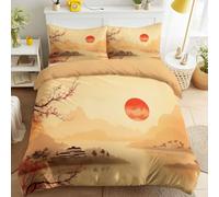 Duvet Cover Set, Red Sun Botanical Landscape Bedding Set, Soft Microfiber Easy Care with Pillowcases Traditional Oriental, Reversible Duvet Set for Teens, Girls, Kids - 53" x 79" (135 x 200 cm)
