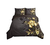 Duvet Cover Set Rose Flower 3D Digital Printing Romantic Floral Bedding Set Girl Woman Black Blue Gold Red Quilt Cover with Pillowcase, Microfiber (Black, Single)