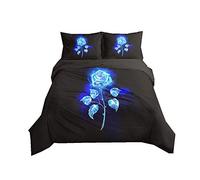 Duvet Cover Set Rose Flower 3D Digital Printing Romantic Floral Bedding Set Girl Woman Black Blue Gold Red Quilt Cover with Pillowcase, Microfiber (Blue, King)