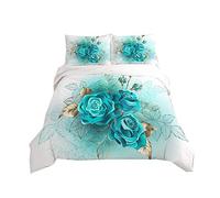 Duvet Cover Set Rose Flower 3D Digital Printing Romantic Floral Bedding Set Girl Woman Black Blue Gold Red Quilt Cover with Pillowcase, Microfiber (Light Blue, Double)