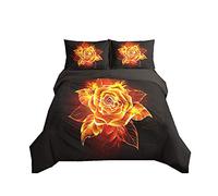 Duvet Cover Set Rose Flower 3D Digital Printing Romantic Floral Bedding Set Girl Woman Black Blue Gold Red Quilt Cover with Pillowcase, Microfiber (Orange, Double)