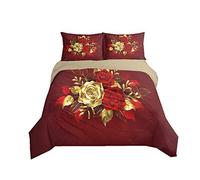 Duvet Cover Set Rose Flower 3D Digital Printing Romantic Floral Bedding Set Girl Woman Black Blue Gold Red Quilt Cover with Pillowcase, Microfiber (Red, King)