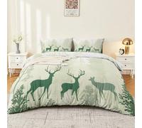 Duvet Cover Set Sage Green, Simple Forest Deer Reversible Printed Bedding Set with 2 Pillowcases(50 x 75 cm) - King Microfiber Duvet Cover with Zipper Closure for Kids Teens Adults