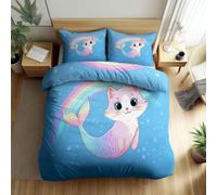 Duvet Cover Set Single 135x200cm Cartoon Rainbow Cat 3 Piece Quilt Cover Brushed Polyester Cotton Bed Set with Pillowcases Zipper Closure Ultra Soft Bedding Set