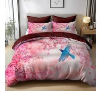 Duvet Cover Set Single 135x200cm Pink Cherry Blossom Bird Duvet Cover with 2 Pillowcases, Polyester Cotton Bedding Set with Zipper Closure, Soft and Comfortable