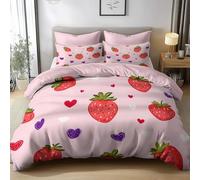 Duvet Cover Set Single 135x200cm Pink Strawberry Heart Polyester-Cotton Bedding Sets 3 Pcs With Zipper Closure Ultra Soft Anti Allergic Non Iron with Zipper Closure