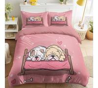 Duvet Cover Set Single 180 x 220 cm, Pink Cartoon Bulldogs Bones Hearts Bedding Set Bed Linen for Girls' and Children's Bedroom, Soft Microfibre with 2 Pillowcases, Easy Care Finish