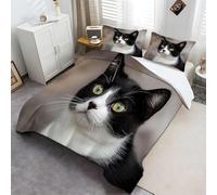 Duvet Cover Set Single 3 Pieces Portrait Photo Black And White Cat Printed Easy Care Breathable Bedding Set, Black, White Microfiber Duvet Cover Bed Sets With Pillowcases