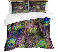 Duvet Cover Set Single Bed 135X200Cm - Green Purple Animal Peacock Feathers Pattern 3 Pcs Bedding Set With Zipper Closure And 2 Pillow Covers 50X75Cm Ultra Soft Easy Care Microfiber Quilt Cover Set