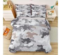 Duvet Cover Set Single, Grey Military Camo Colour Blocks Pattern, Soft Microfibre Bedding with Zipper for Kids Room and Guest Bed, Men