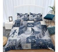 Duvet Cover Set Single Size Navy Blue Ski Patchwork Print Bedding Quilt Cover Blue Soft Bedding Set 53" x 79" (135 x 200 cm) With zipper Microfiber Bedroom Decor Reversible Duvet Set + 2 Pillow Cases