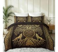Duvet Cover Set Single, Soft Brushed Microfiber Bedding with Zipper Closure & Corner Ties, Reversible Nordic Viking Tree Of Life Wolf Raven Runes Printed Quilt Cover, 135 x 200 cm Gold