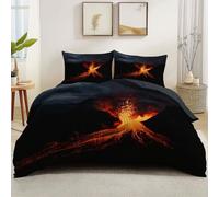 Duvet Cover Set Soft Lightweight Microfibre 3 Piece, Grey Pattern Bedding Set Fantasy Volcano Lava Print All Season Quilt Cover with Zipper Closure Double 200 x 200 cm