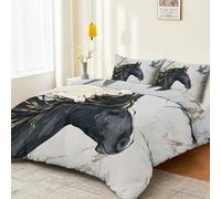 Duvet Cover Set Soft Microfiber Animals Horses Birds Printed with Zipper Closure and Pillow Cases, Black Quilt Cover Bedding Set Single Size 135 x 200 cm for Children's Adults Teens