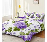 Duvet Cover Set Soft Microfiber Retro Pastoral Roses Flowers Printed with Zipper Closure and Pillow Cases, Dark Purple Quilt Cover Bedding Set Single Size 135 x 200 cm for Children's Adults Teens