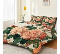 Duvet Cover Set Soft Microfiber Vintage Roses Plants Printed with Zipper Closure and Pillow Cases, Cream Green Quilt Cover Bedding Set Single Size 135 x 200 cm for Children's Adults Teens