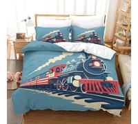 Duvet Cover Set Steam Train 3Pieces 3D Printed Bedding Set Cartoon Train Duvet Cover with Zipper Closure,Soft Microfiber Quilt Cover And 2*Pillowcases for Teens And Adults Bedroom Single(140x200cm)