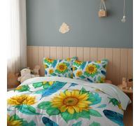 Duvet Cover Set Sunflower Petals Green Leaves - Easy Care Bed Linen Soft Cosy Bedding Sets - Luxury Reversible Quilt Cover, Cot-bed 120 x 150 cm White Duvet Cover with Pillowcases