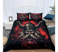 Duvet Cover Set Super King Luxury Quilt Cover Viking Warrior Easy Care Bed Linen Soft Cosy Black And Red Bedding Sets 102" x 86" (260 x 220 cm) and 2 Pillow Cases Bedding Set