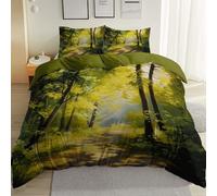 Duvet Cover Set Super King Size Oil Painting Forest Path Printed, Luxury Reversible Quilt Cover Easy Care Bed Linen Soft Cosy Bedding Sets for Boys Girls with 2 Pillowcases, Green, 220 x 260 cm
