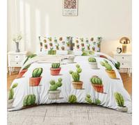 Duvet Cover Set Super King Size, Watercolour Cute Cactus Print Bedding Set for Boys Girls Adults - Soft Reversible Duvet Cover with Zipper Closure, 220 x 260 cm White
