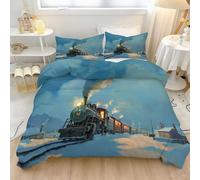 Duvet Cover Set Super King, Soft Brushed Microfiber Bedding with Zipper Closure & Corner Ties, Reversible Retro Blue Train Railway Tracks Printed Quilt Cover, 260 x 220 cm