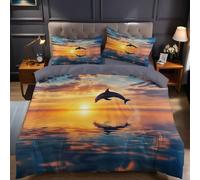 Duvet Cover Set Super King Sunset Sea Dolphin Bedding Set for Boys Girls Teens, Soft Comforter Cover Bedding 260x220 cm and Polyester Bedroom Decor