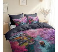 Duvet Cover Set Traditional Architecture Cherry Blossom Trees, 120 x 150 cm, Cot-bed Size, Grey Ultra Soft Hypoallergenic Duvet Cover, With Zipper Closure for All Season Bedding Sets