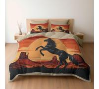 Duvet Cover Set Vintage Western Black Horse Poster Art Design, Reversible King Bedding 3 Pcs Ultra Soft Hypoallergenic Luxury, Quilt Cover with Zipper Closure, Beige