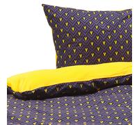 Cotton Sateen Duvet Cover Set Chevron Pattern 135 x 200 cm Dark Blue and Yellow