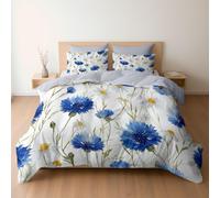 Duvet Cover Set Watercolor elegant cornflower daisy Design, Reversible Double Bedding 3 Pcs Ultra Soft Hypoallergenic Luxury, Quilt Cover with Zipper Closure, Light Gray Blue