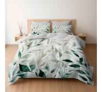 Duvet Cover Set Watercolor Elegant Green Leaf Botanical Print Design, Reversible Cot-bed Bedding 2 Pcs Ultra Soft Hypoallergenic Luxury, Quilt Cover with Zipper Closure, White