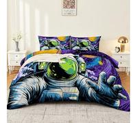 Duvet Cover Set with Double Reversible Fashion Space Astronauts Print Autumn Winter Bedding Set Ultra Soft Warm Cosy atural Purple Blue