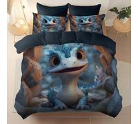 Duvet Cover Set with Pillowcases King - Animation 3D Cute Dragon Printed Microfiber Bedding with Zipper Closure, Lightweight Quilt Cover for Kids Girls Adults Room Decor, Gray-Blue