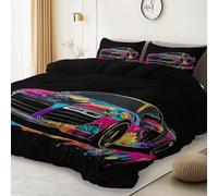 Duvet Cover Set with Pillowcases King - Cartoon Graffiti Ink Painting Of A Sports Car Printed Microfiber Bedding with Zipper Closure, Lightweight Quilt Cover for Kids Girls Adults Room Decor, Black