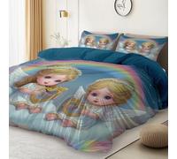 Duvet Cover Set with Pillowcases Single - Cute Angel Baby Clouds Printed Microfiber Bedding with Zipper Closure, Lightweight Quilt Cover for Kids Girls Adults Room Decor, Bluish Gray
