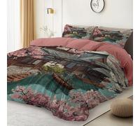 Duvet Cover Set with Pillowcases Super King - Japanese Traditional Architecture Garden Printed Microfiber Bedding with Zipper Closure, Lightweight Quilt Cover for Kids Girls Adults Room Decor, Pink