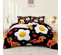 Duvet Cover Set with Single Reversible Childlike Fun Breakfast Cartoons Print Autumn Winter Bedding Set Ultra Soft Warm Cosy atural Red And Black
