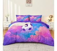 Duvet Cover Set with Super King Reversible Fantasy Space Football Print Autumn Winter Bedding Set Ultra Soft Warm Cosy atural Purple Pink Blue