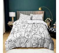 Duvet Cover Set with Zipper Closure Line Abstract Face Printed Single Size 135 x 200 cm White Black Luxury Quilt Cover Easy Care Bed Linen Soft Cosy Bedding Sets Pillowcase