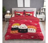 Duvet Cover Sets - Cartoon Food Sushi Red Bedding Set with Luxuriously Soft Quilt Covers 3 Piece Duvet Cover Super King Size Durable & Easy Care with Zipper Closure and Pillowcases
